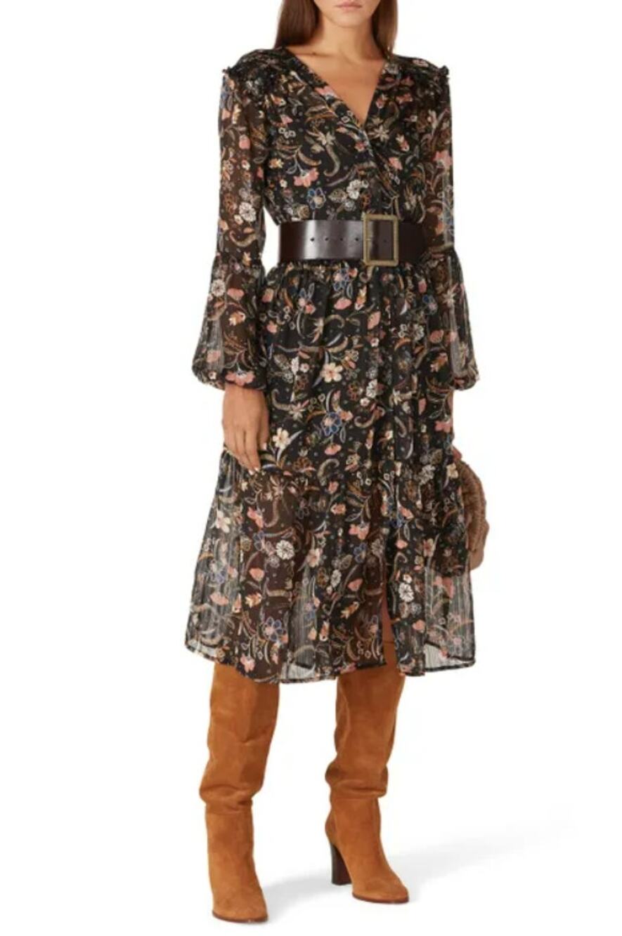 Minkpink Shiloh Sheer Long Sleeve Midi Dress Orange Black Printed Womens Small